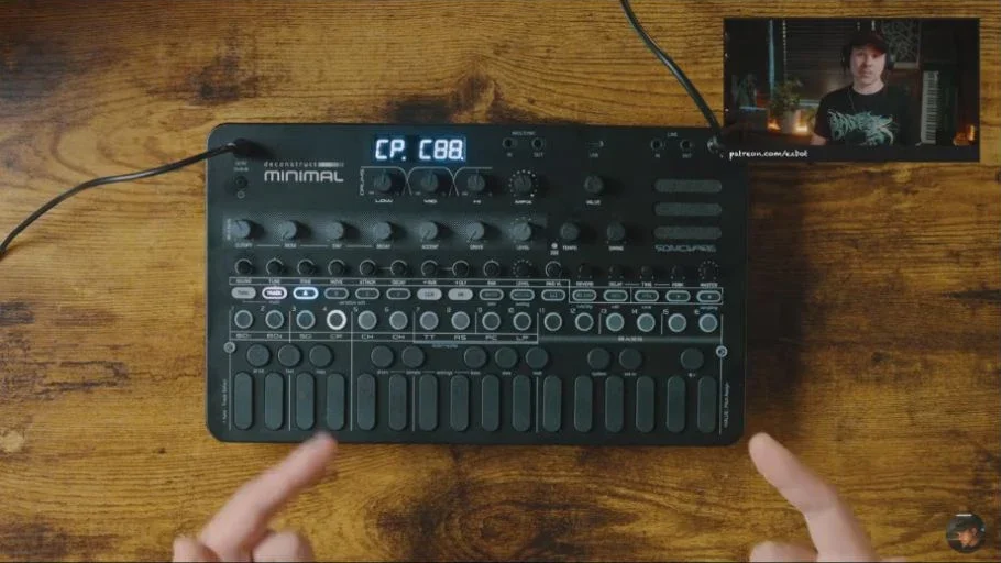 The Sonicware deconstruct MINIMAL’s compact panel, small display, knobs, and step buttons, shown during EZBOT’s hardware discussion.