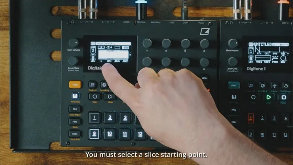 EZBOT selecting a numbered Grid slice on the Digitakt II during the wavetable tutorial