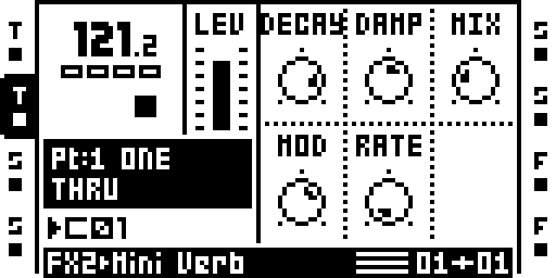 Octabam Miniverb interface showing decay, damping, mix and modulation controls on the Octatrack screen. Source: Sam Banks / Octabam documentation.