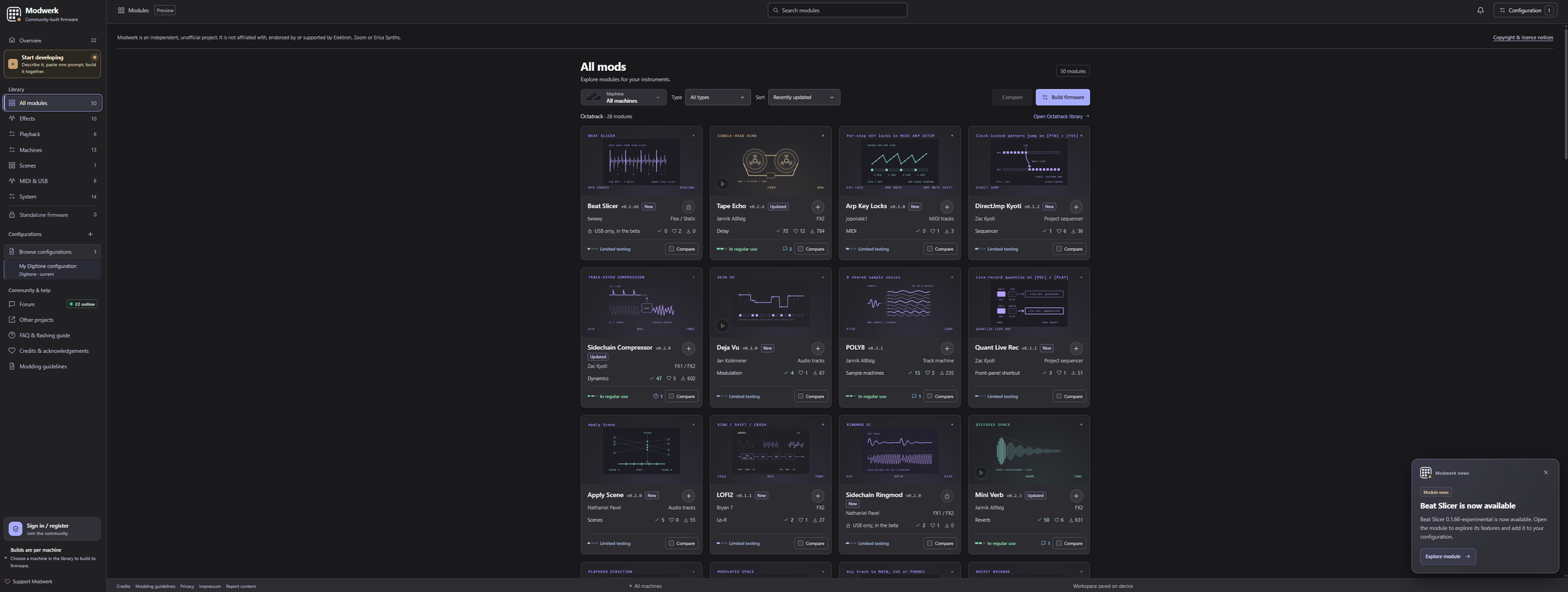 Modwerk module library with effects, playback and sequencer modules, plus configuration and Build firmware controls. Screenshot supplied by Matthew Piecora.