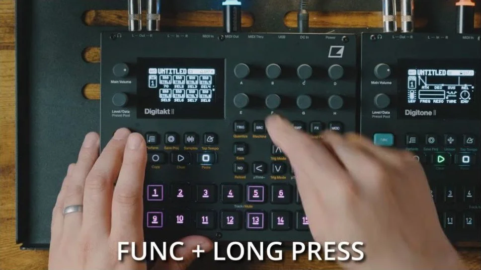 EZBOT using FUNC and a long encoder press to learn a MIDI CC on the Digitakt II, beside a Digitone II