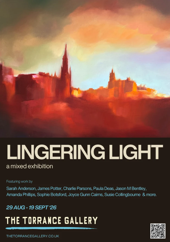 Oil painting of skies over edinburgh looking at scotts monument and balmoral hotel. orange red in colour.
