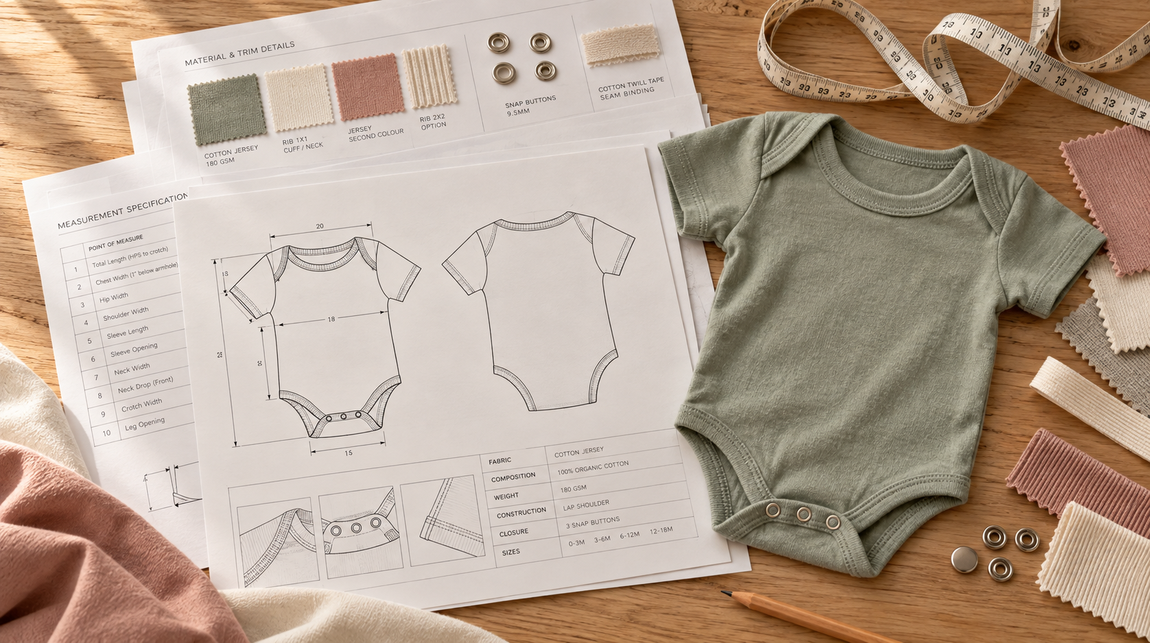 Baby bodysuit tech pack with technical drawings, measurements, fabric swatches, and a matching sage green garment.