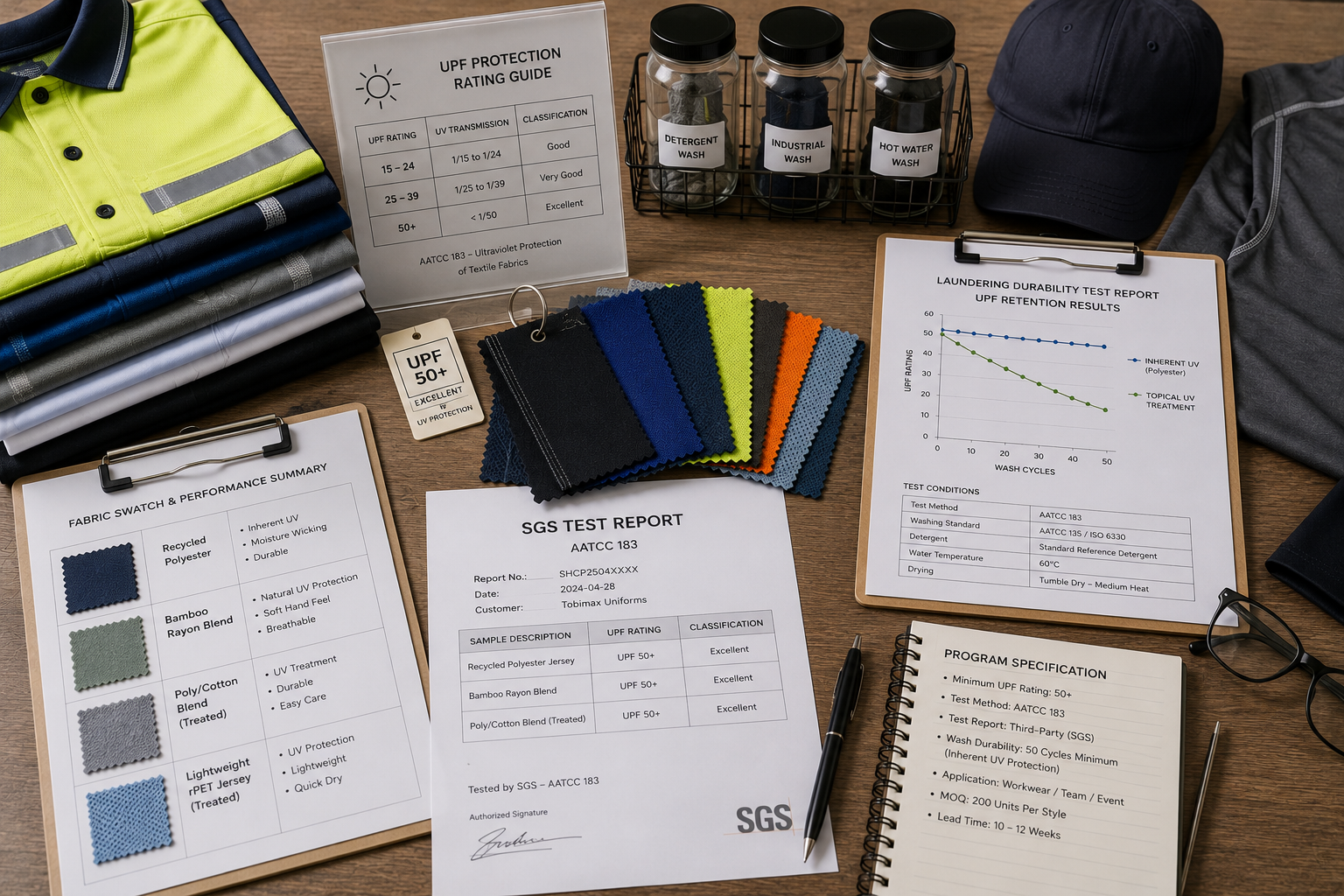Fabric testing and durability documents used for UV-rated uniforms.