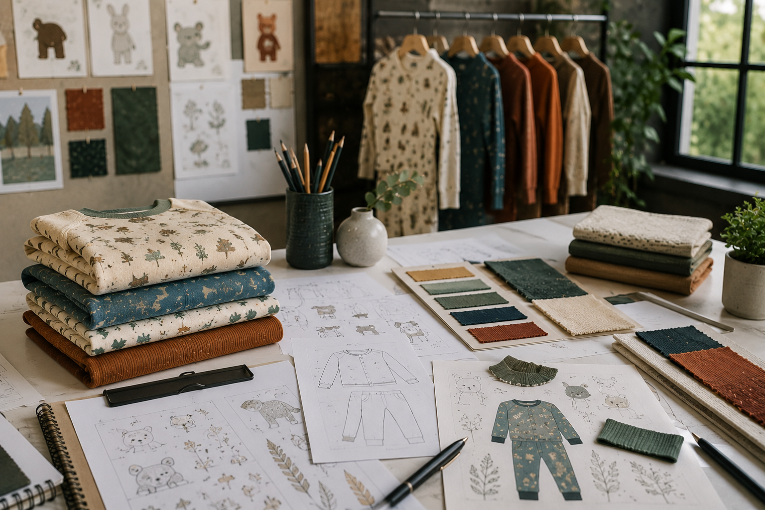 Children’s sleepwear design workspace with original pajama concepts, fabric swatches, and ethical apparel development materials.