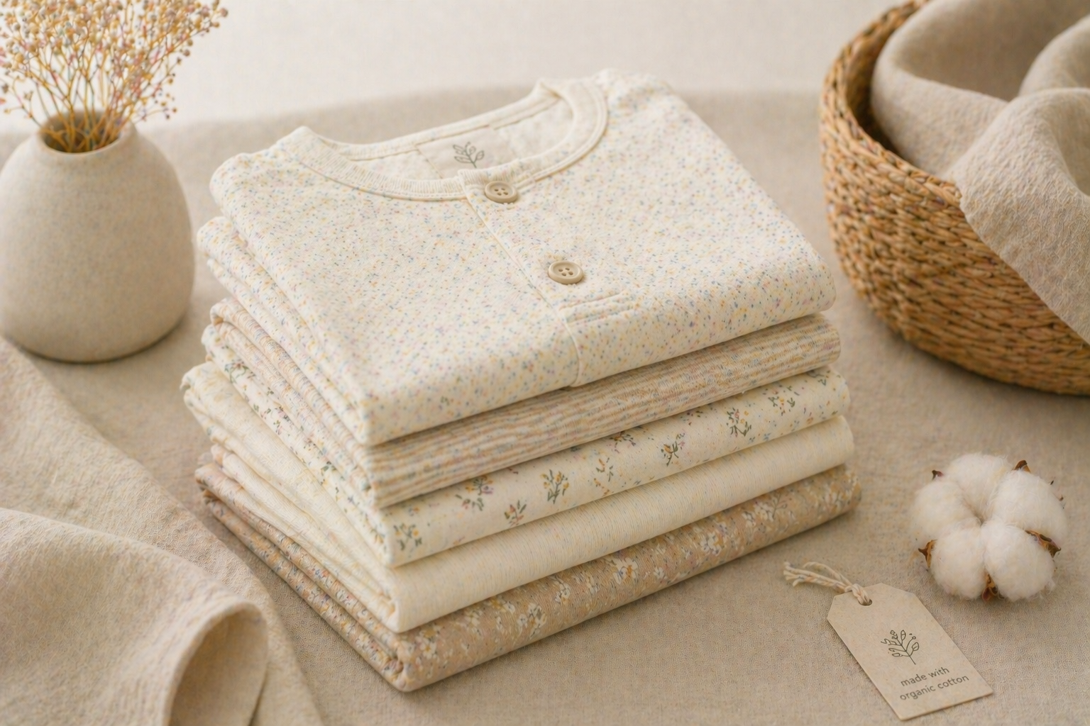 minimal styled children's sleepwear folded neatly in a calm, natural setting, soft lighting, neutral tones, premium feel