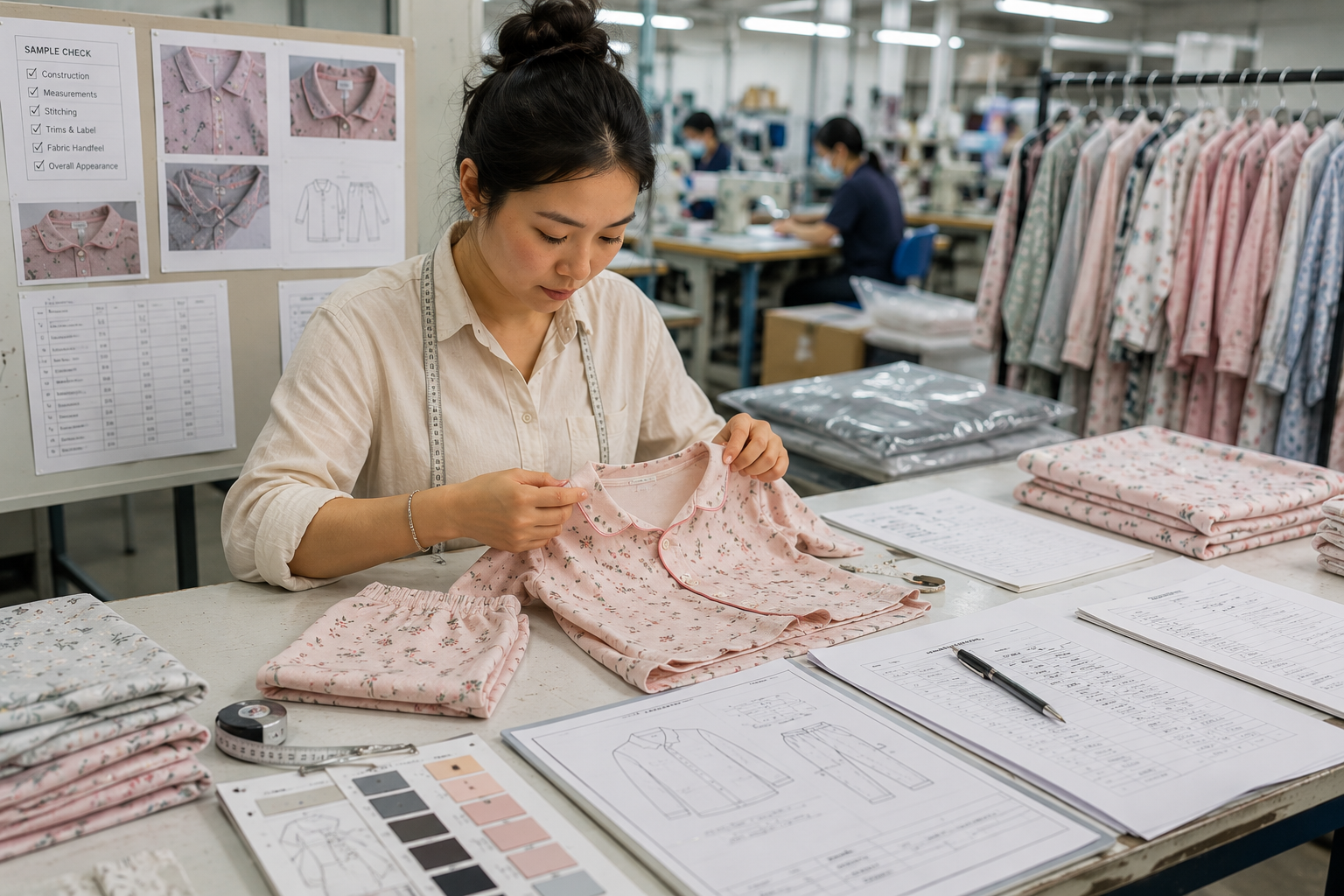 Quality control inspection of a pajama sample before production begins.
