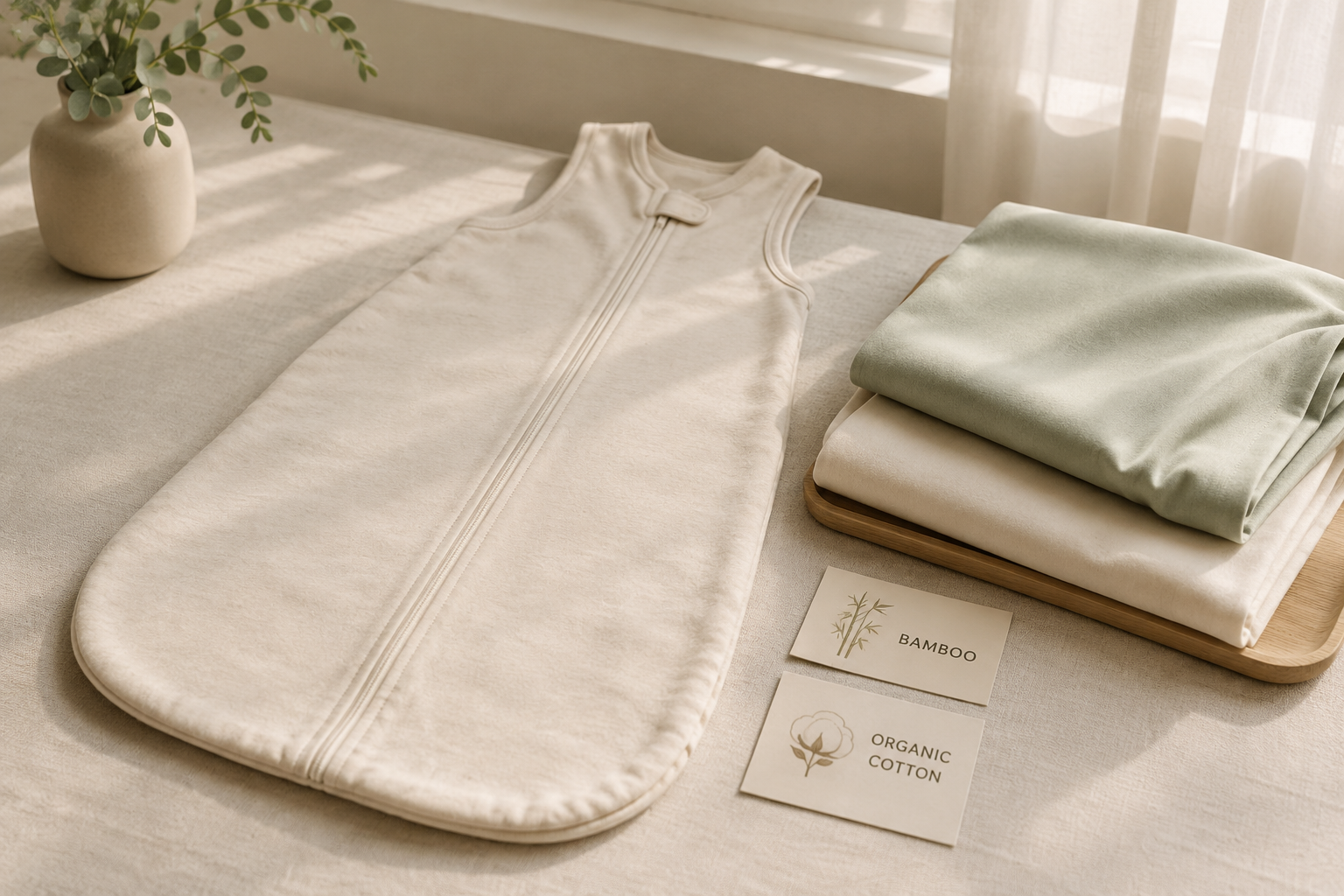 Minimal nursery-style flat lay featuring a neutral baby sleep sack beside folded bamboo and organic cotton fabrics in soft natural lighting.