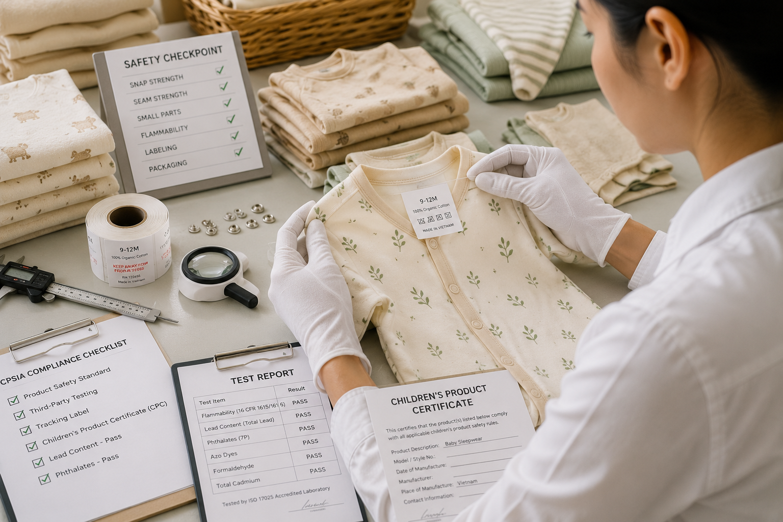Safety and compliance inspection of baby clothing before production approval.