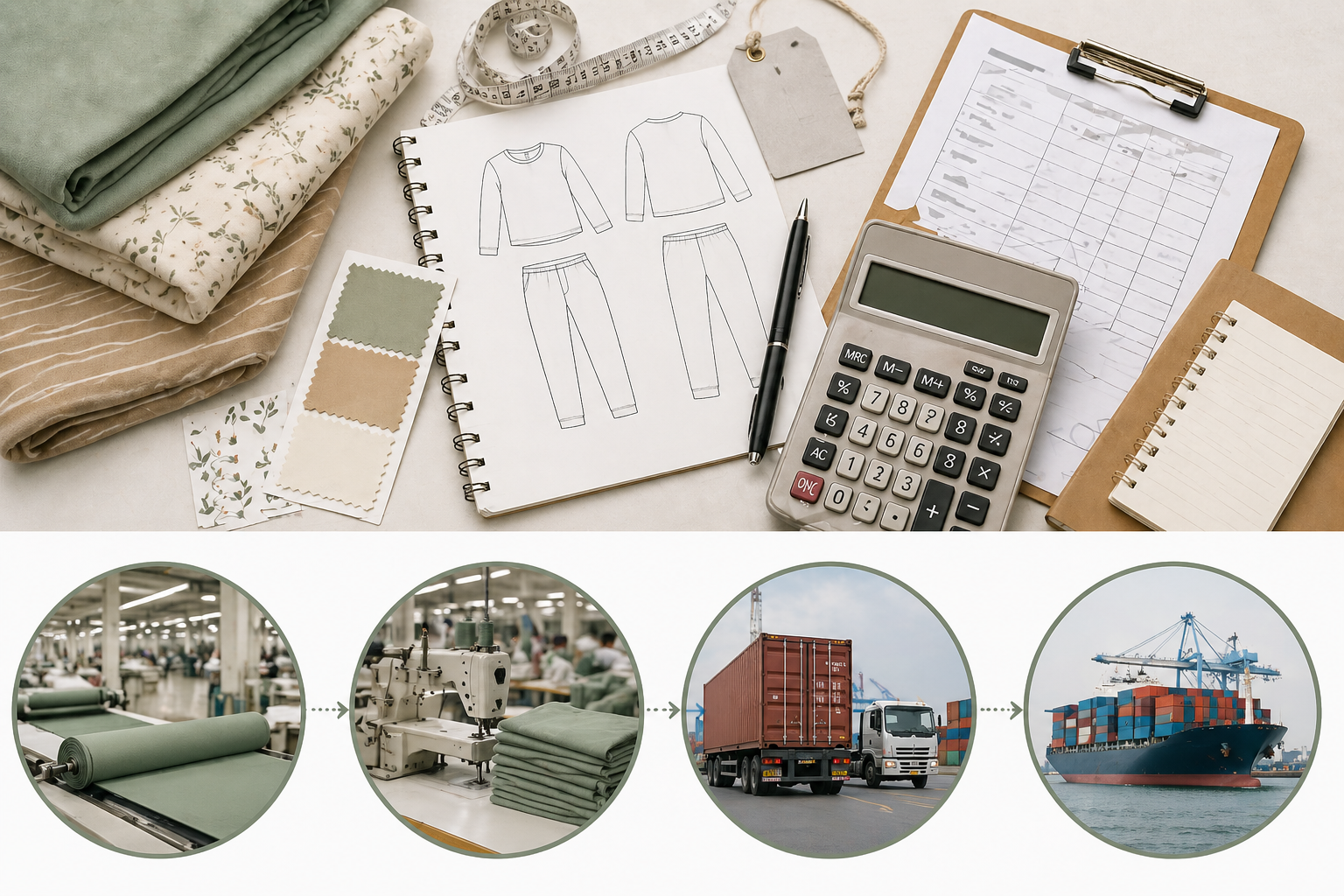 Garment manufacturing workspace with fabric swatches, pajama design sketches, calculator, and production planning materials