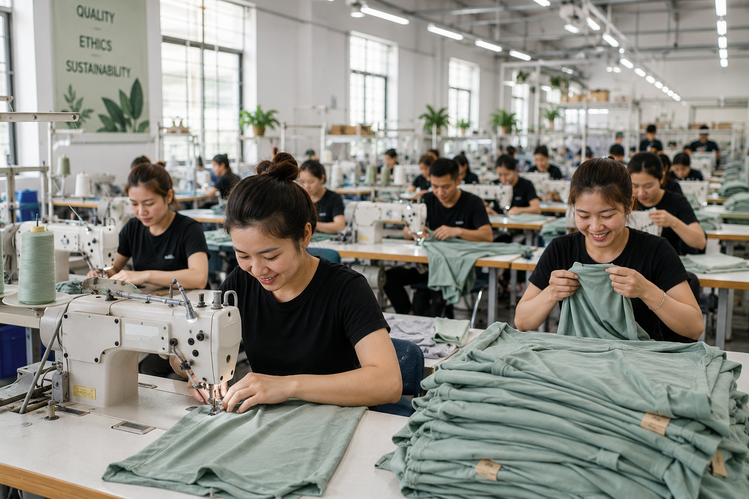 Ethical apparel production in a modern Vietnamese garment manufacturing facility.