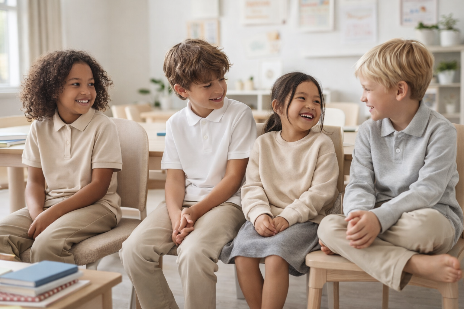 Children wearing comfortable and modern school uniforms in a classroom setting