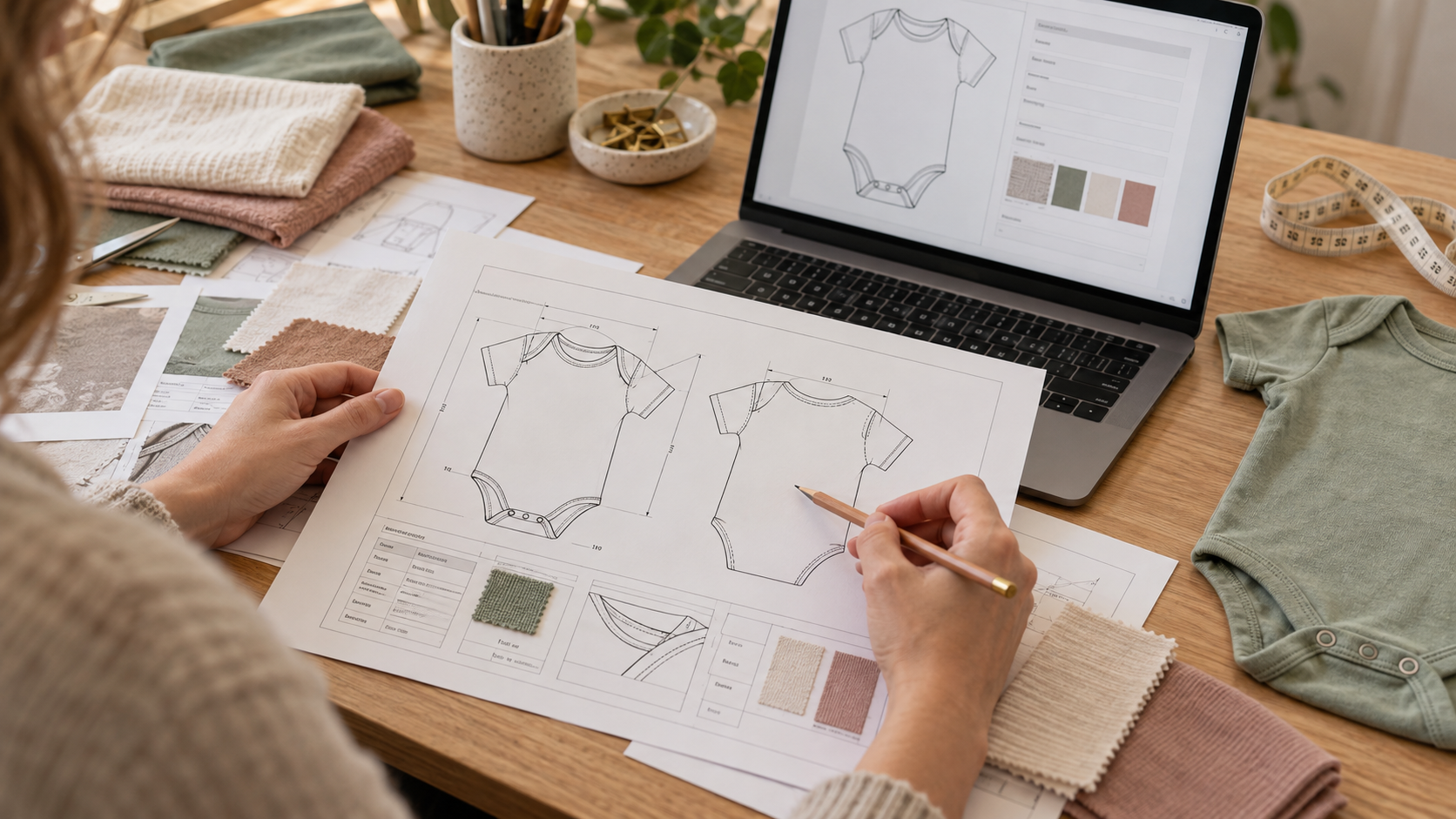Designer reviewing a baby bodysuit tech pack beside a laptop displaying a garment specification builder.