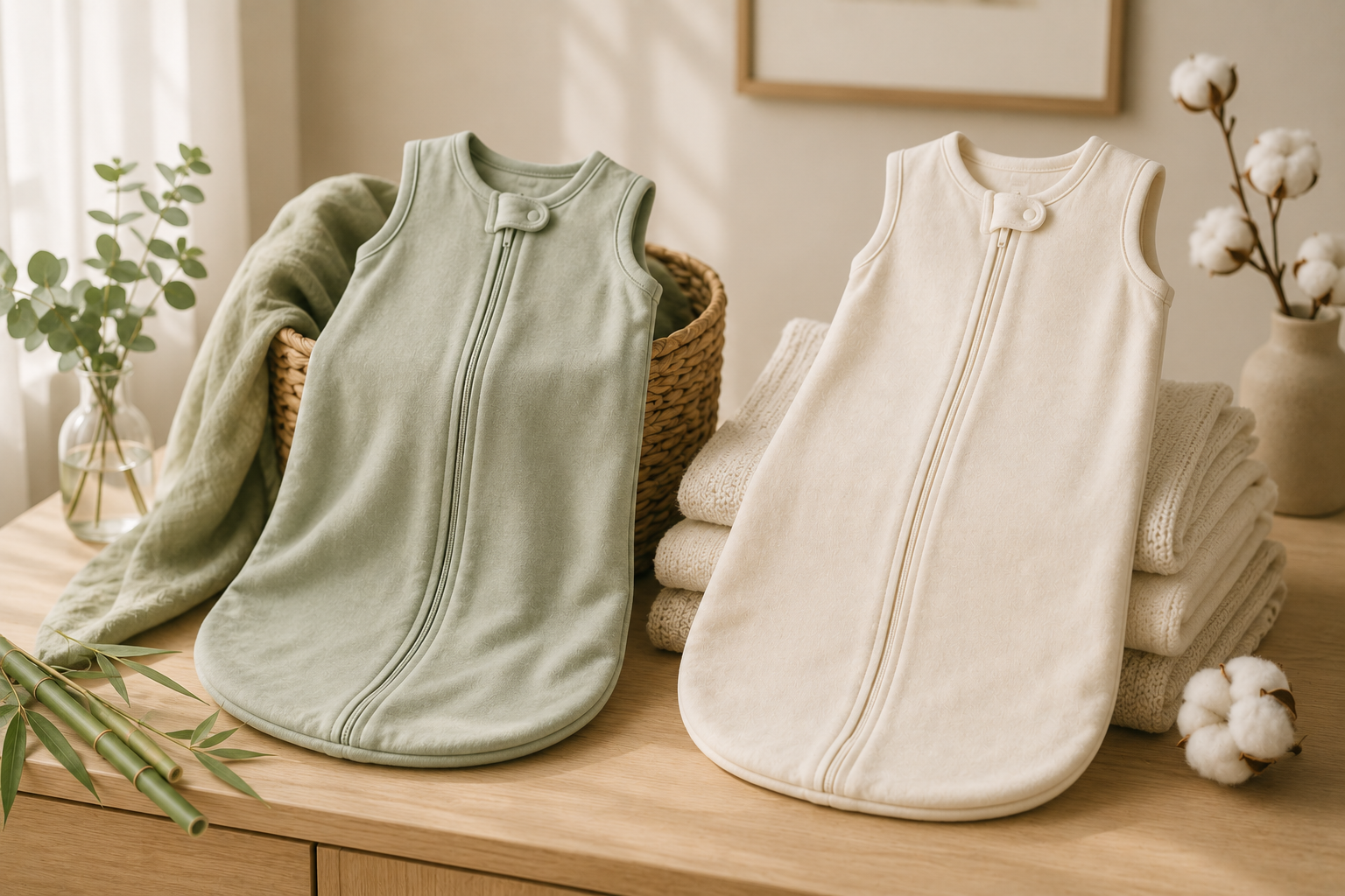 Two baby sleep sacks in bamboo and organic cotton fabrics displayed in a softly lit neutral nursery setting with natural textures and folded textiles.