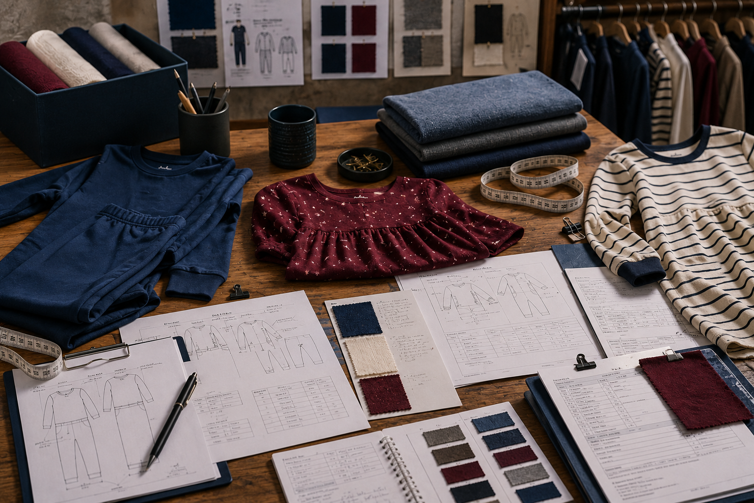 Children’s pajama tech packs, fabric swatches, and fit sample materials displayed on a garment development workspace.