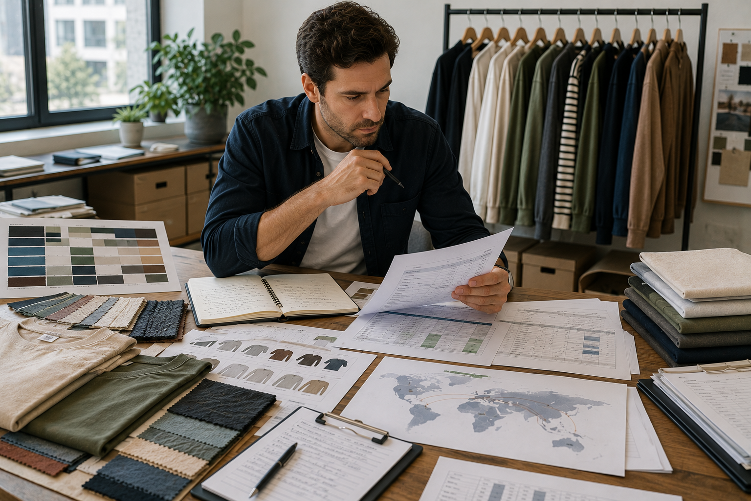 Apparel brand founder comparing local and overseas clothing manufacturing options.