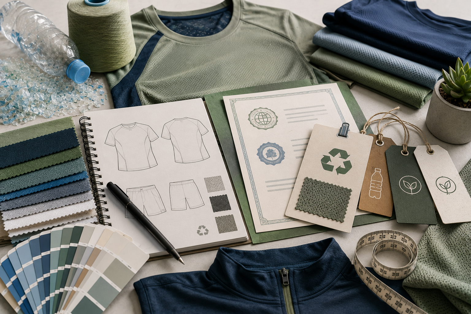 Sustainable apparel tech pack workspace featuring recycled polyester fabrics, garment sketches, eco certification documents, and recycled-material hangtags.