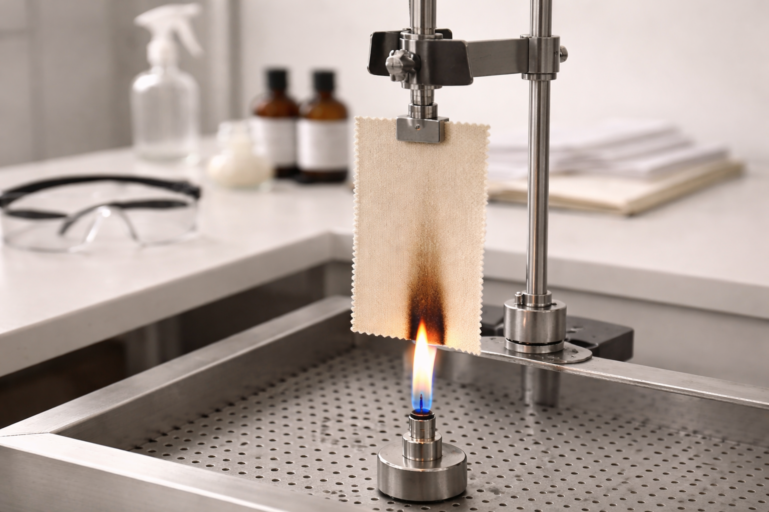 Laboratory test measuring flammability of fabric for children's sleepwear safety compliance