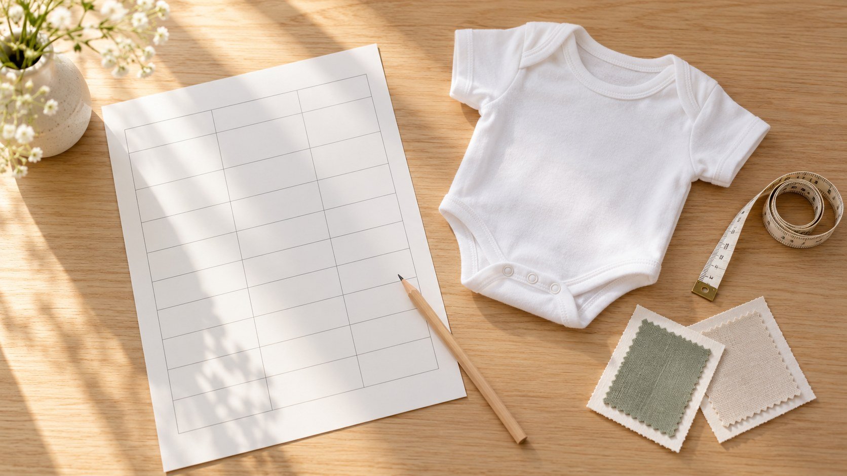 Blank tech pack worksheet beside a folded white baby bodysuit, measuring tape and fabric swatches