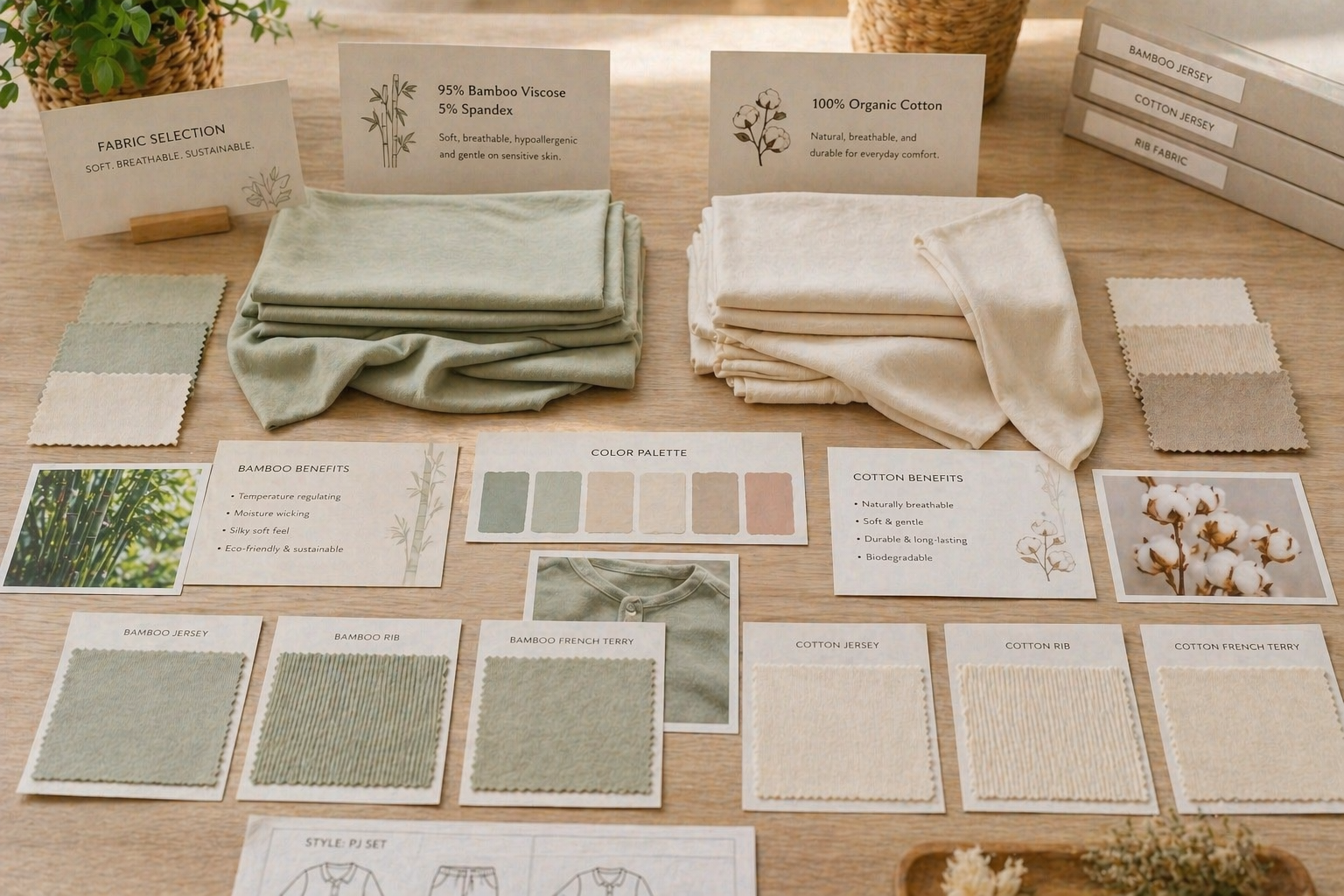 Fabric swatches for children's sleepwear including bamboo and cotton materials