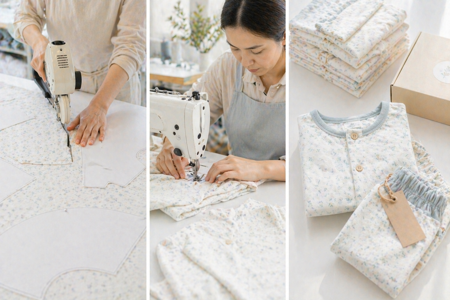 Garment manufacturing process showing cutting, sewing, and finishing of children's sleepwear