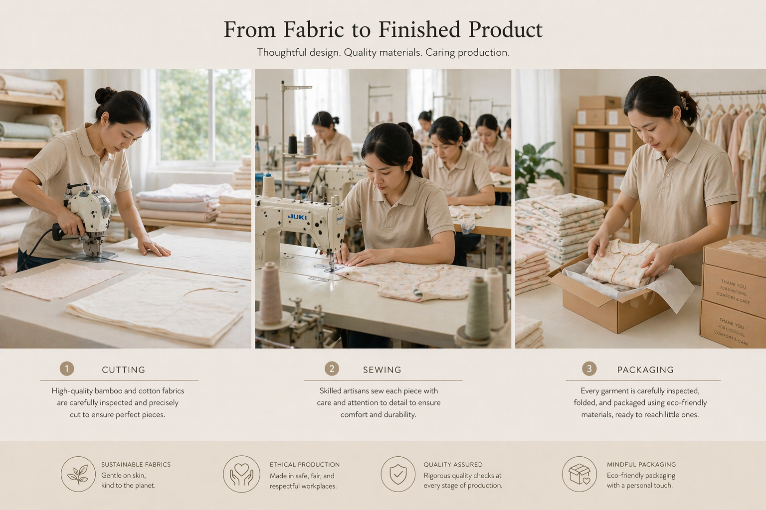 Garment production process from fabric cutting to finished product