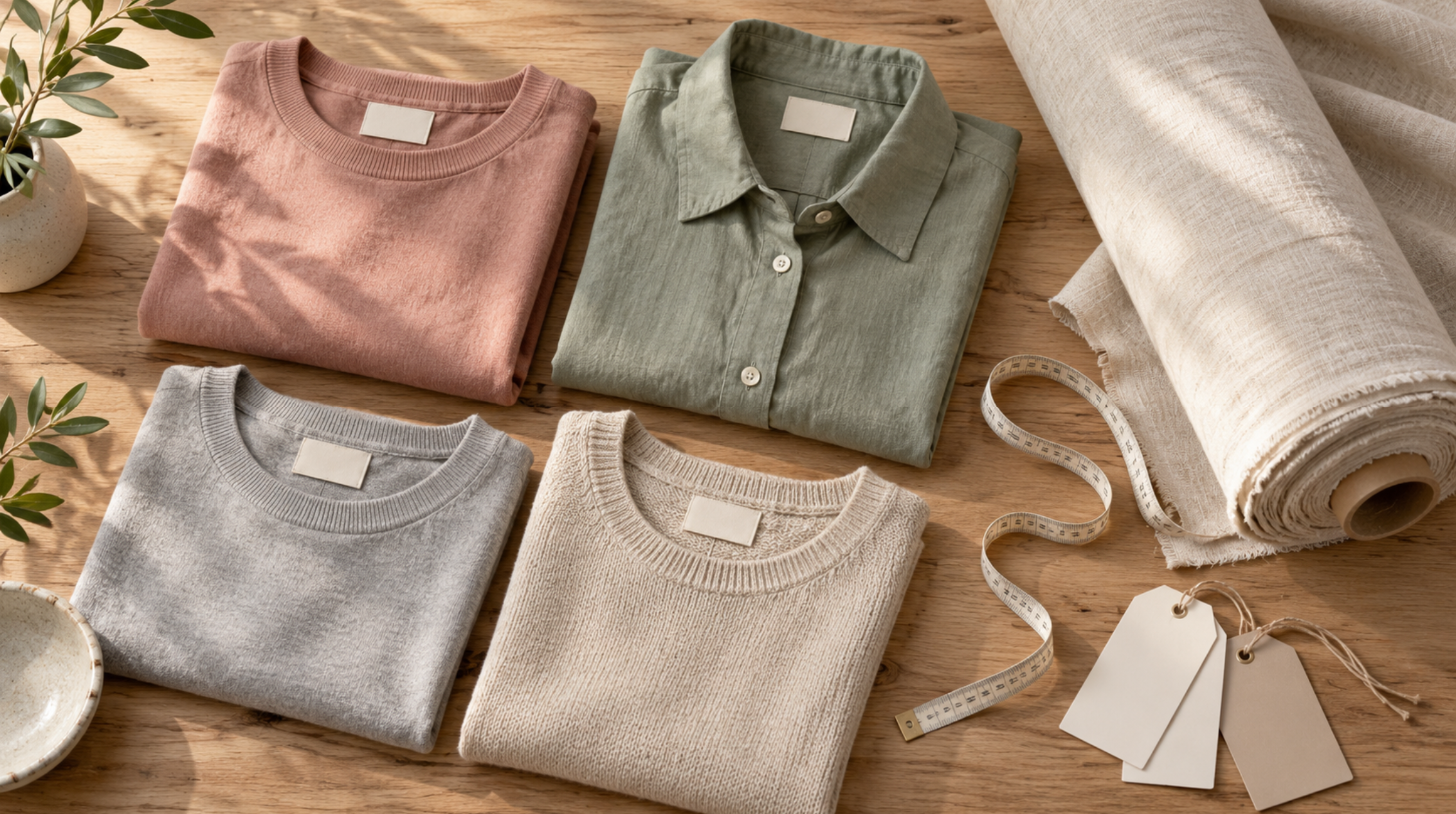 Folded plain garments with blank woven labels, a fabric roll and a measuring tape