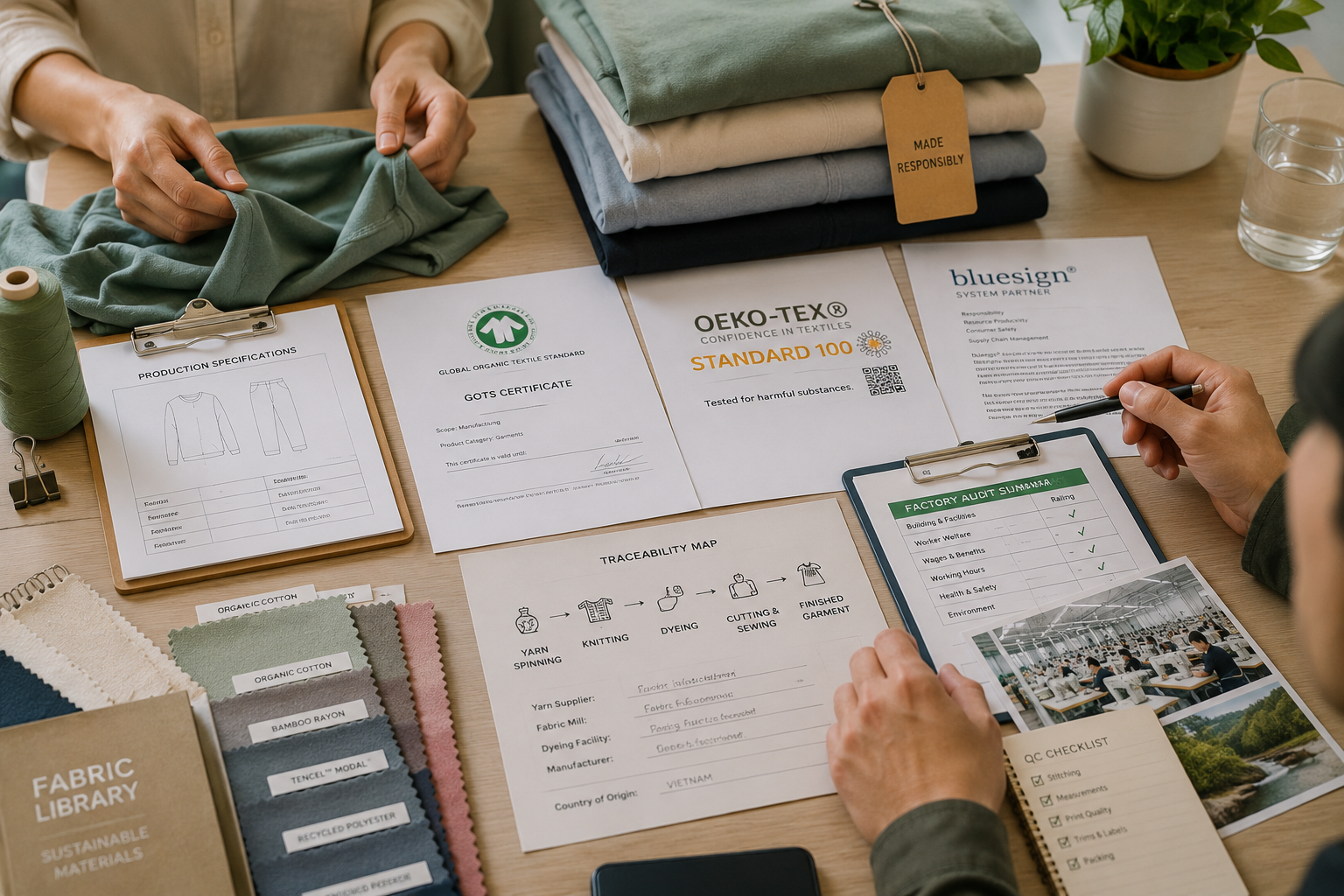 Fabric samples and compliance documentation used to verify ethical apparel manufacturing standards.