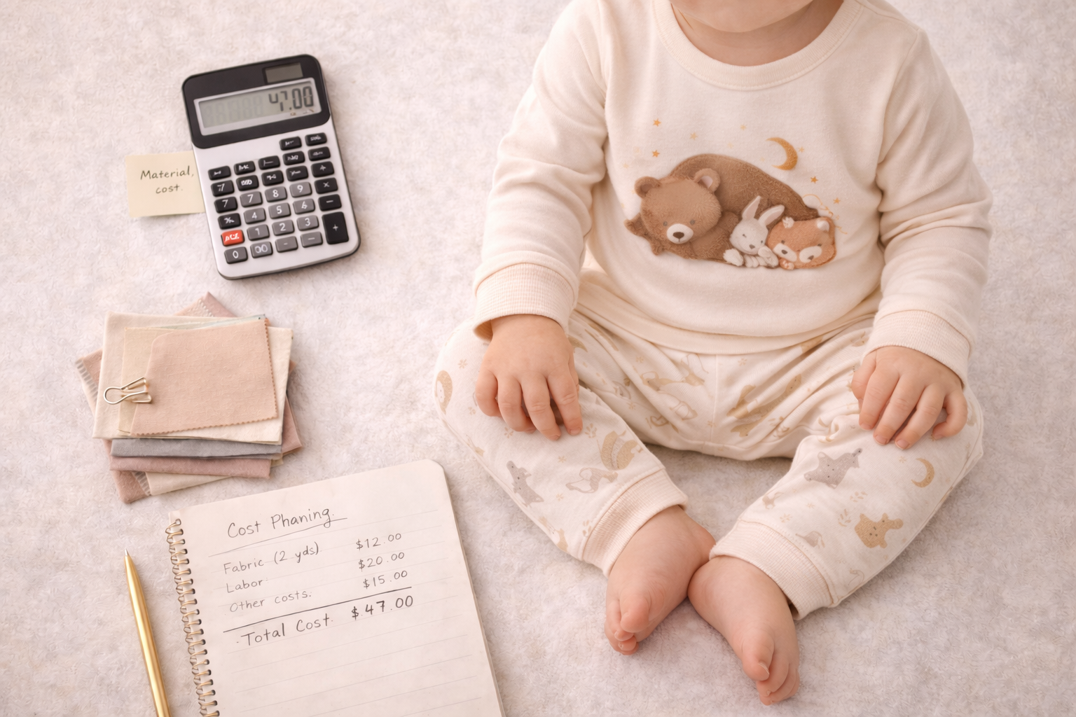 Baby wearing neutral children’s pajamas sitting beside fabric swatches, calculator, and cost notes, representing sleepwear product planning and pricing