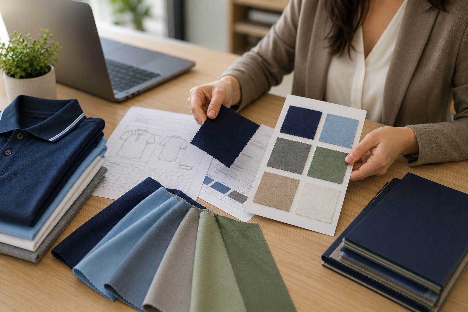 School administrator reviewing UPF school uniform specifications and fabric samples