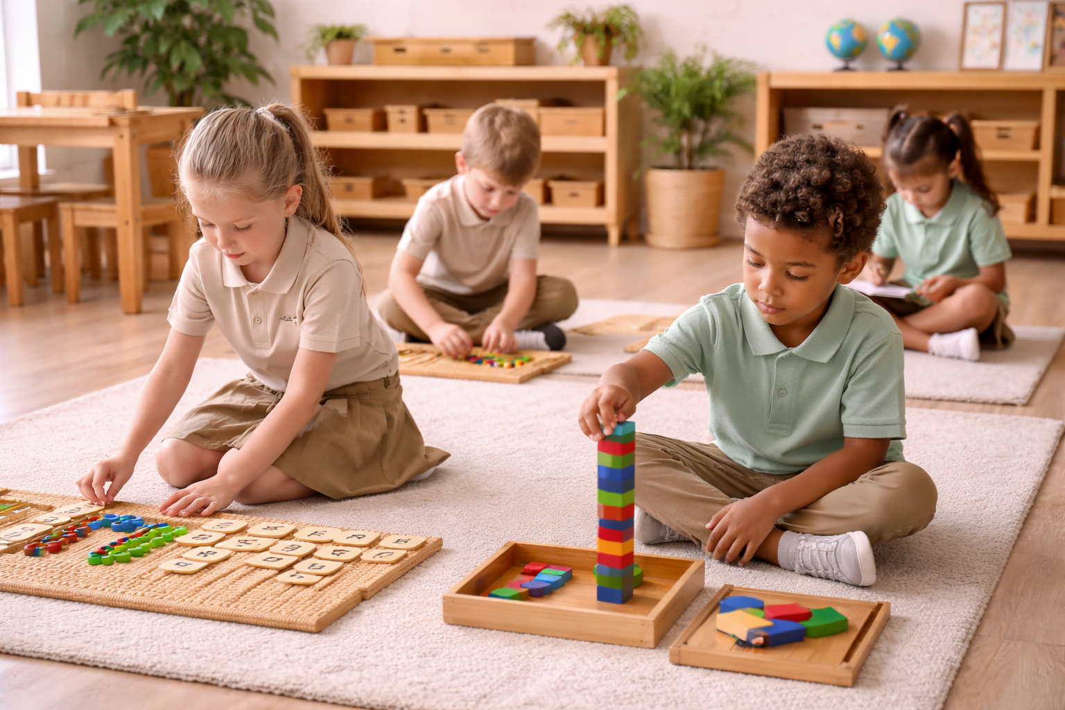 Children wearing comfortable uniforms in a Montessori classroom setting