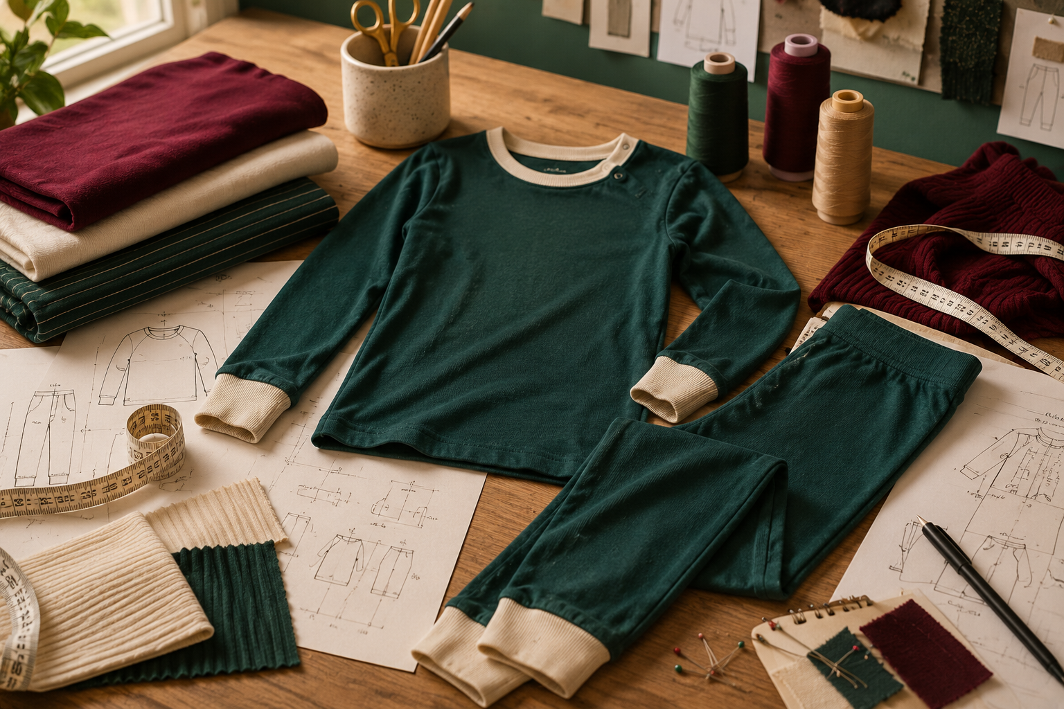 Children’s snug-fit pajamas with garment measurement tools in a warm-toned textile studio.