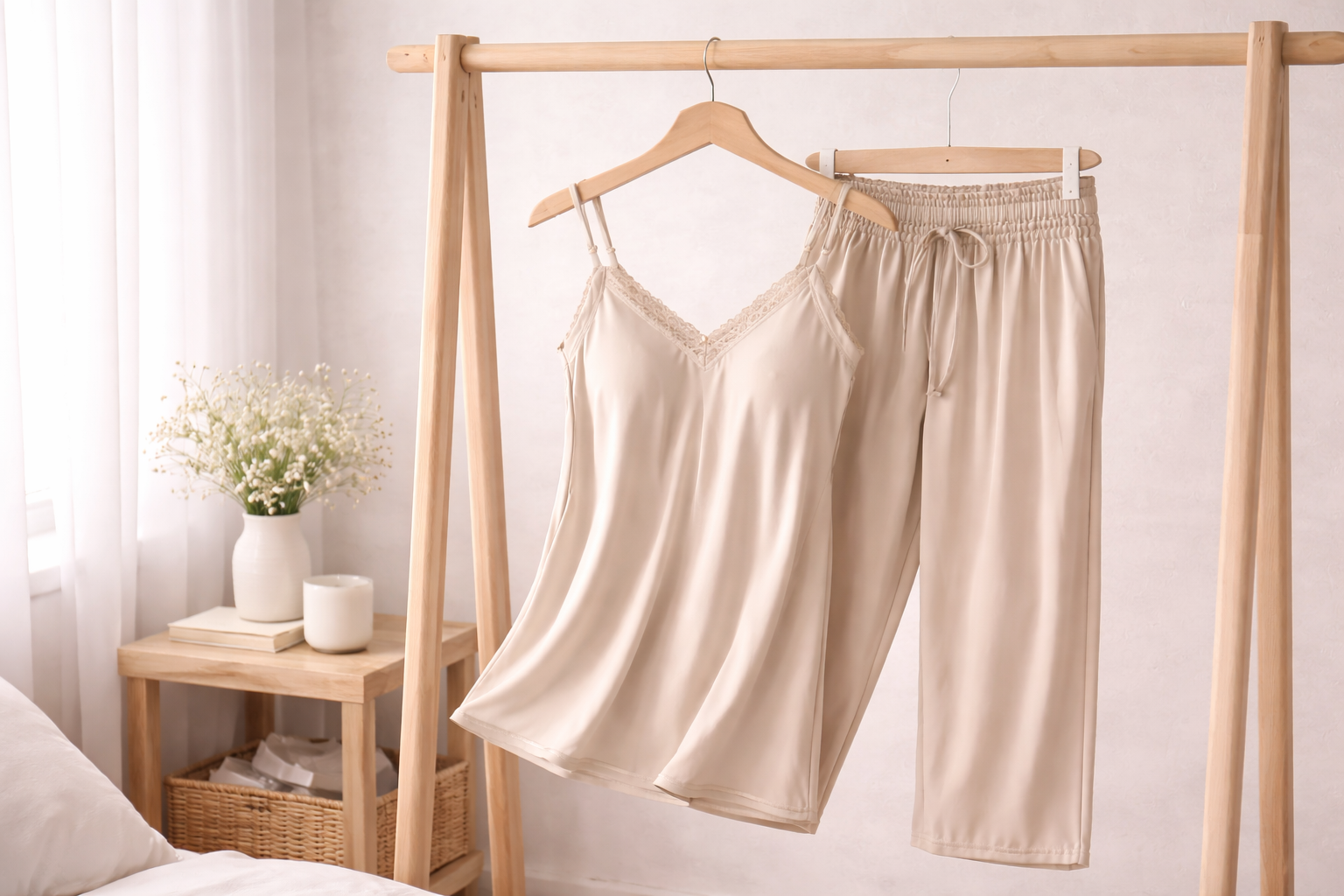Bamboo sleepwear set hanging on a wooden rack in a minimal bedroom with soft natural light highlighting smooth fabric drape