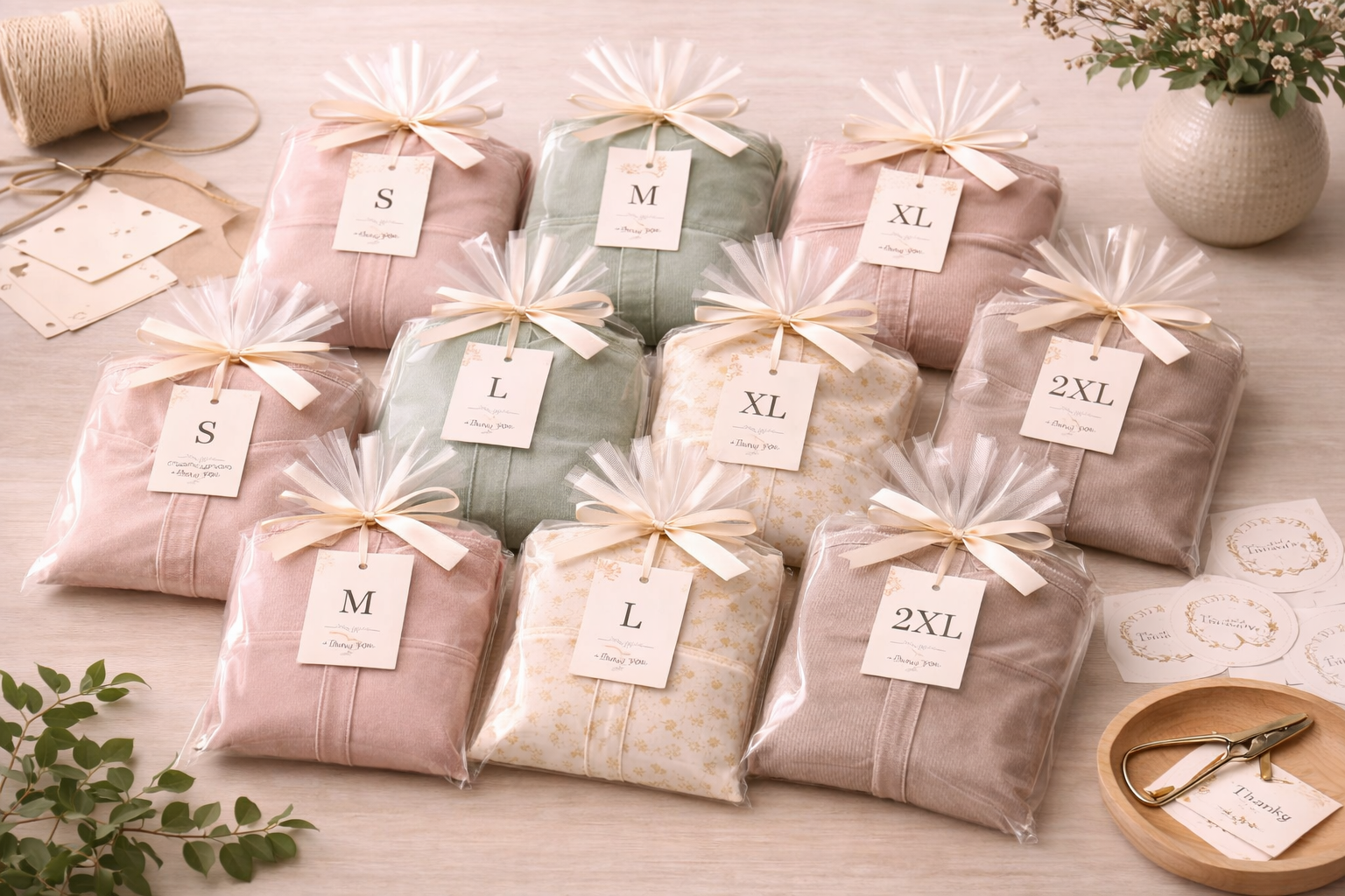 Small production run of sleepwear organized by color and size