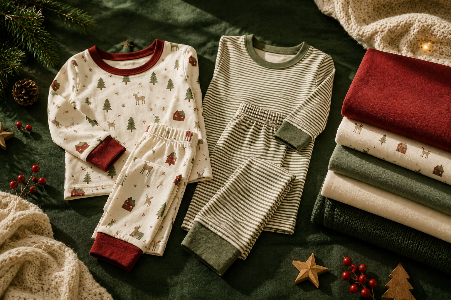Matching children's holiday pajamas displayed beside folded organic cotton and bamboo fabrics in a softly lit neutral setting.