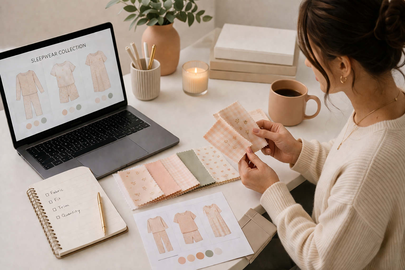 Entrepreneur reviewing fabric swatches and product notes at a workspace with laptop and cost overview, warm orange tones and minimal setup