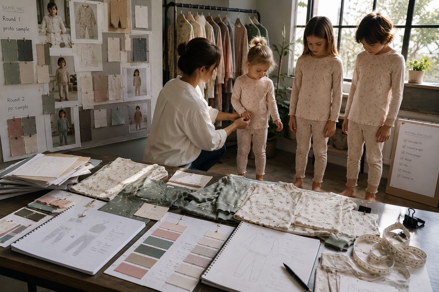 Designer fitting snug-fit children’s pajamas on multiple child models during the sleepwear sampling and size verification process inside a professional apparel development studio.