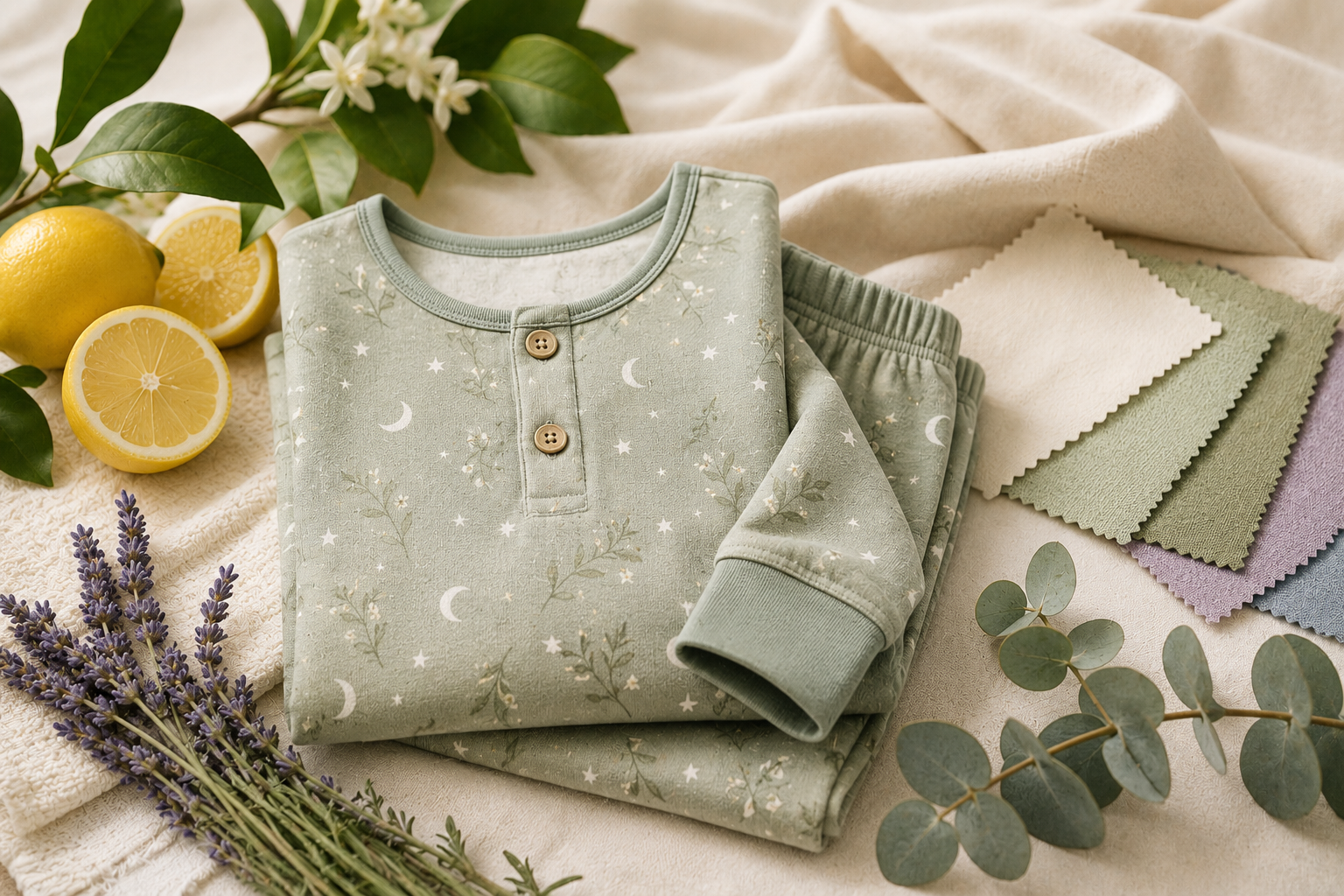 Children's sleepwear displayed with lemon, lavender, and eucalyptus used in botanical fabric treatments.