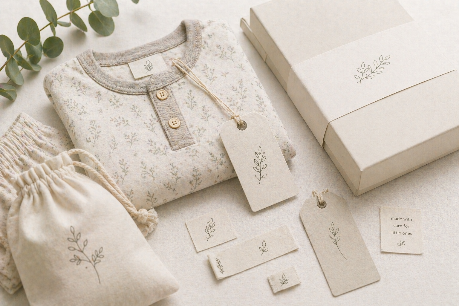 Children's sleepwear branding elements including labels and packaging