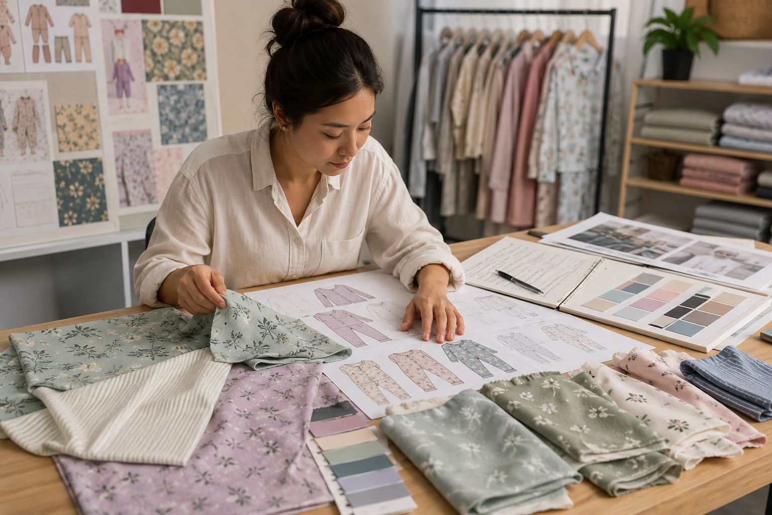 Founder planning a new pajama brand with fabric samples, design sketches, and product development materials.