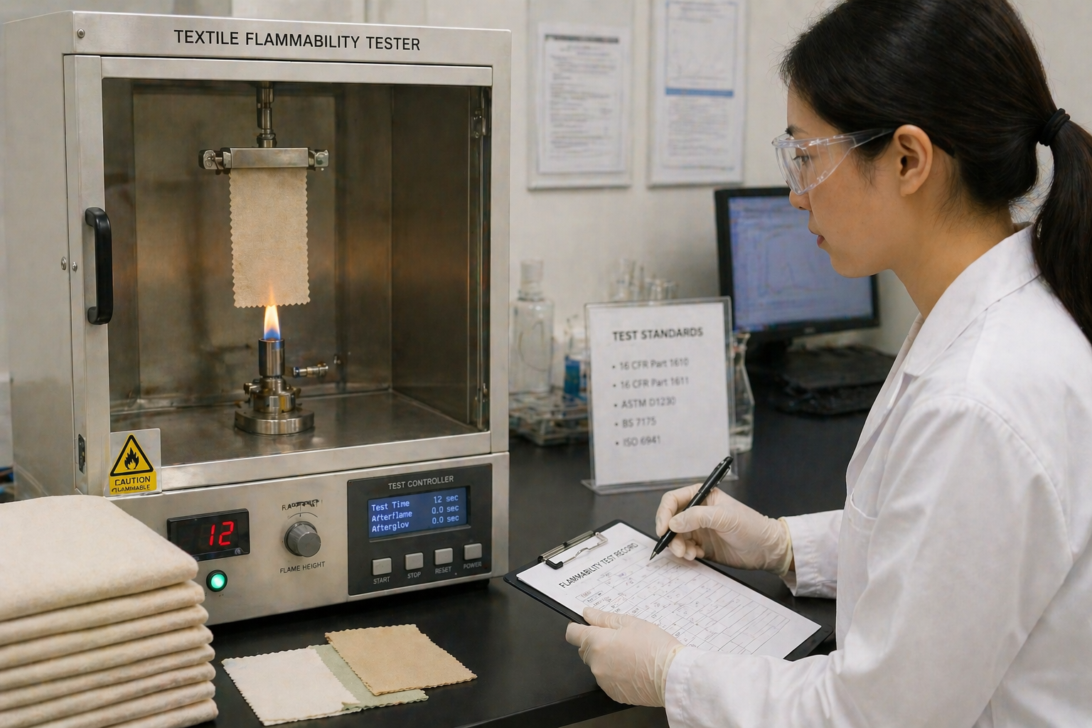 Fabric undergoing flammability testing in a controlled laboratory environment