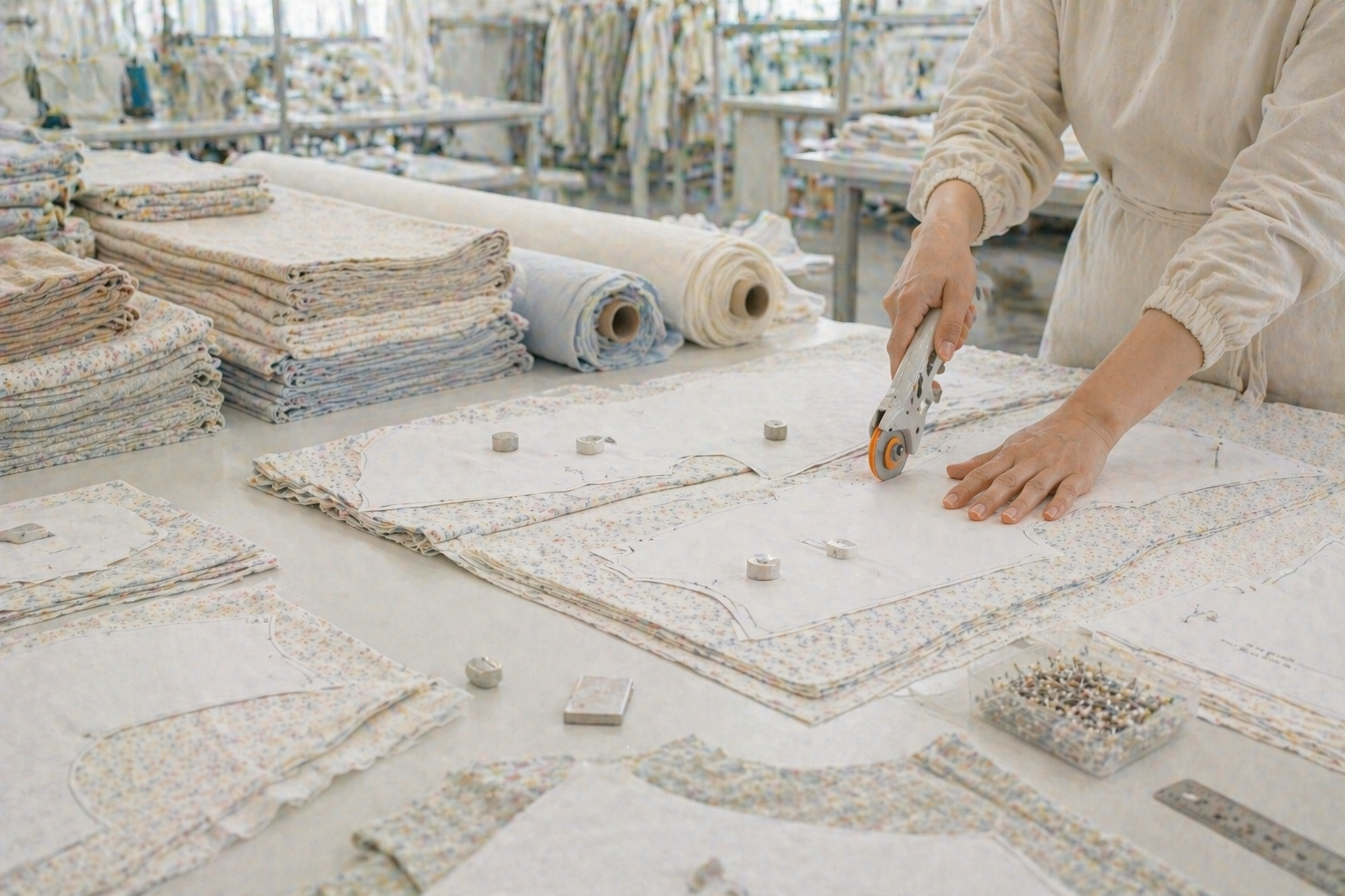 Fabric cutting process in garment manufacturing with pattern layout
