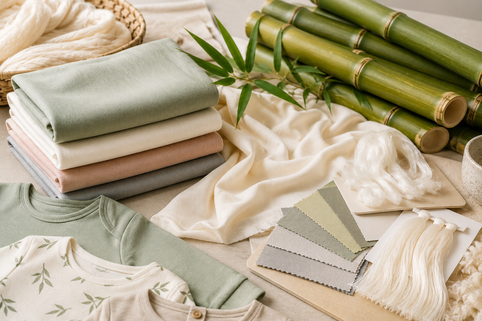 Bamboo rayon fabric samples displayed with natural bamboo materials.