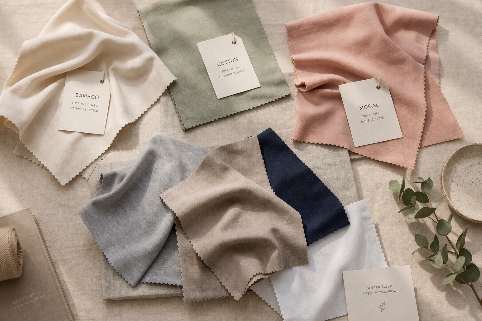 Sleepwear fabric swatches including bamboo and cotton laid out for material selection