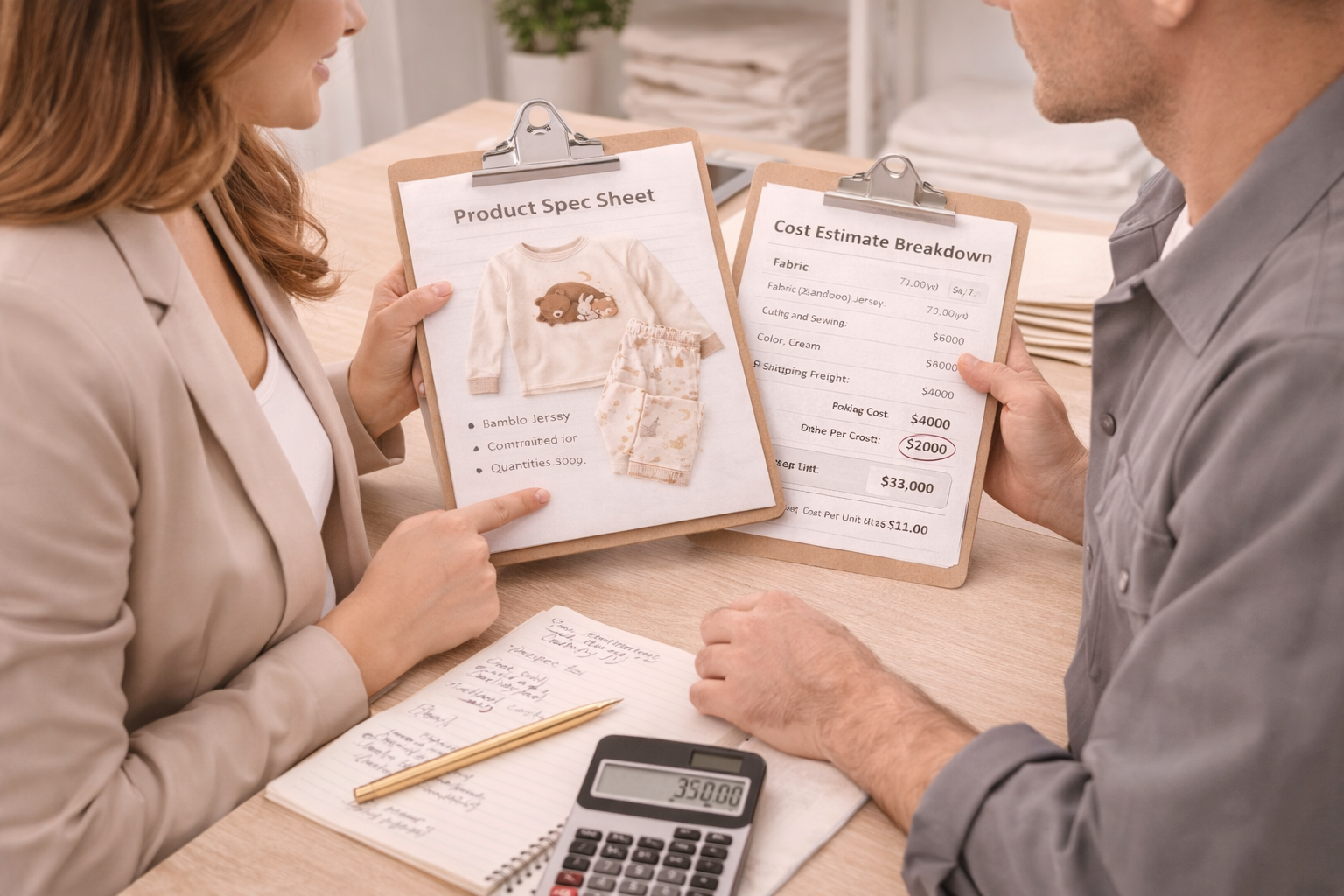 Brand owner discussing sleepwear manufacturing costs with supplier