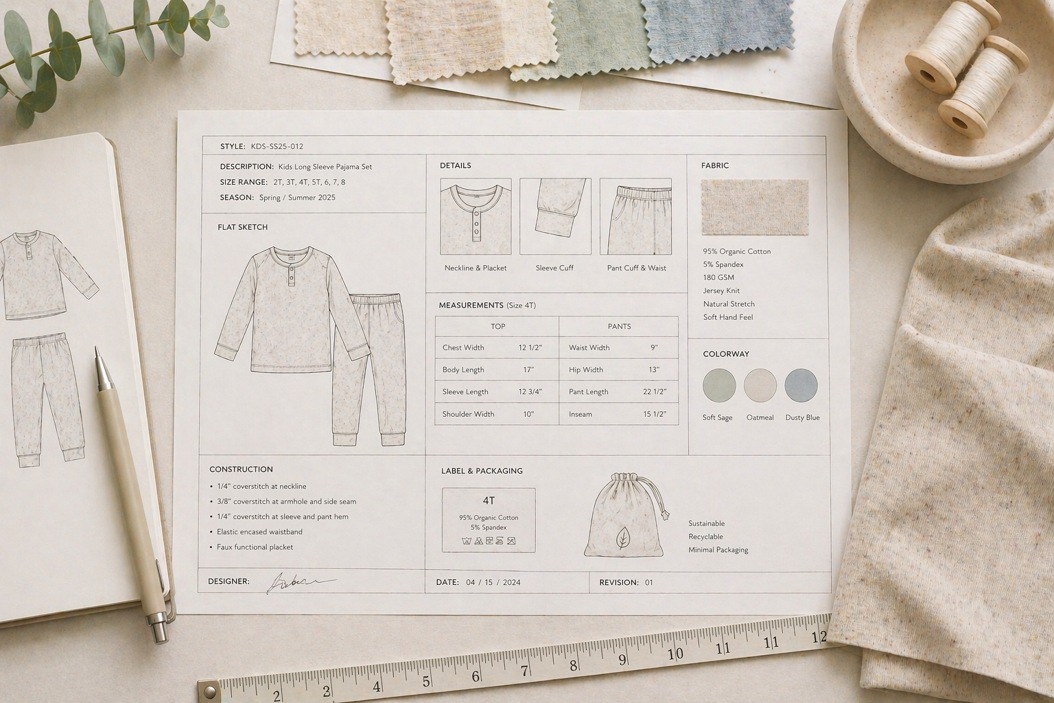 Children's pajama tech pack with design sketches and specifications