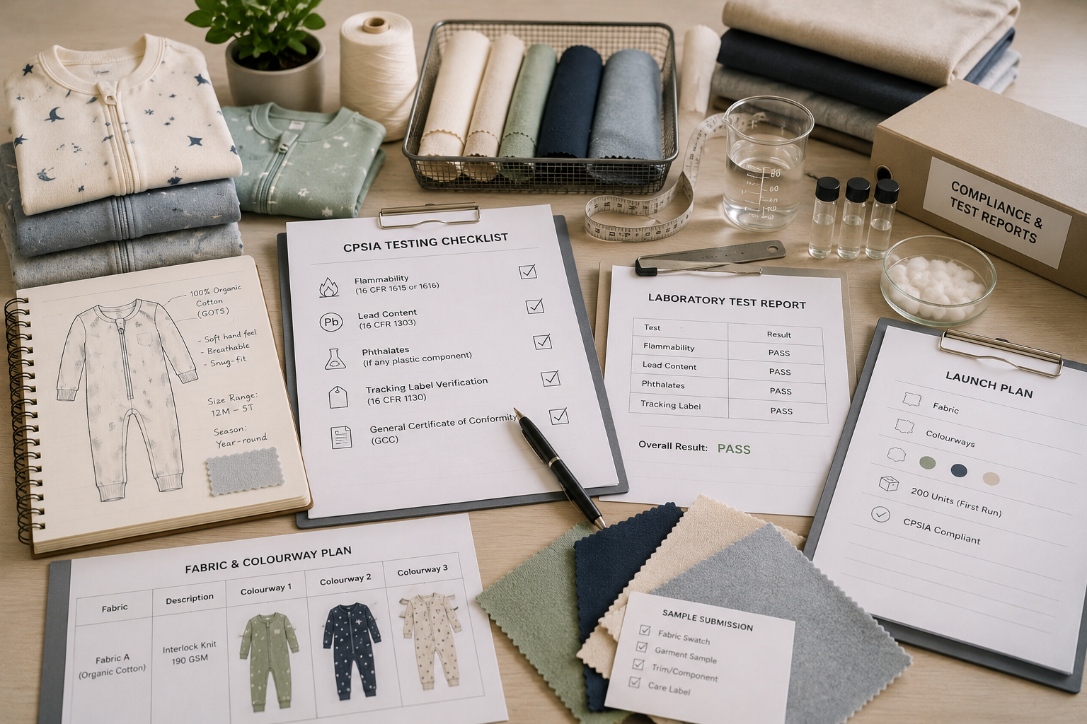 Children's sleepwear samples and compliance materials used for CPSIA testing planning.