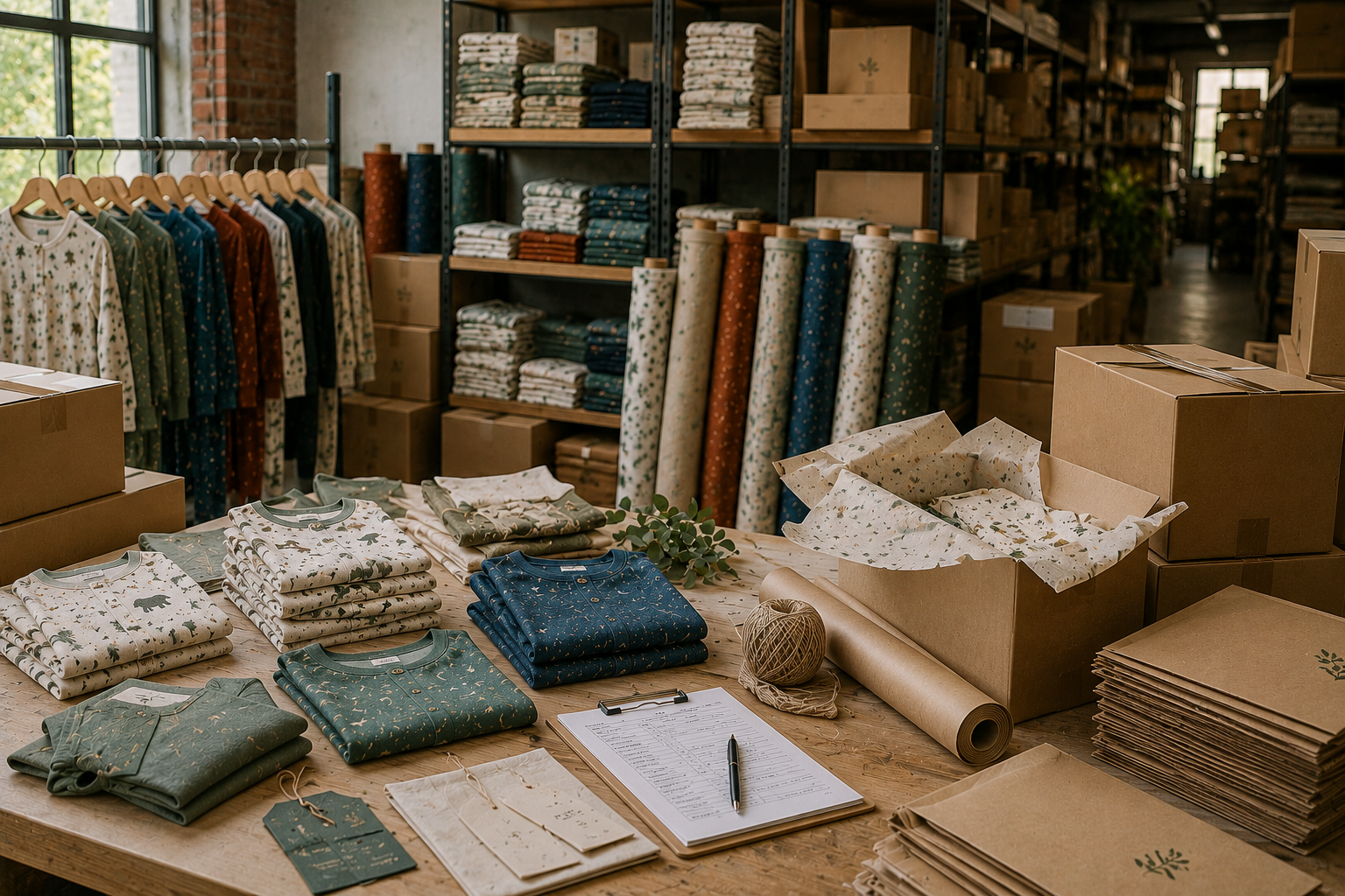 Children’s sleepwear inventory, fabric rolls, and sustainable packaging materials arranged inside an ethical apparel fulfillment workspace.