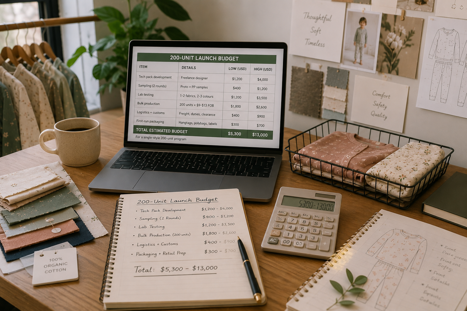 Workspace showing budget planning materials for a 200-unit children’s sleepwear launch, including fabric swatches, production notes, garment sketches, calculator, and folded pajama samples.