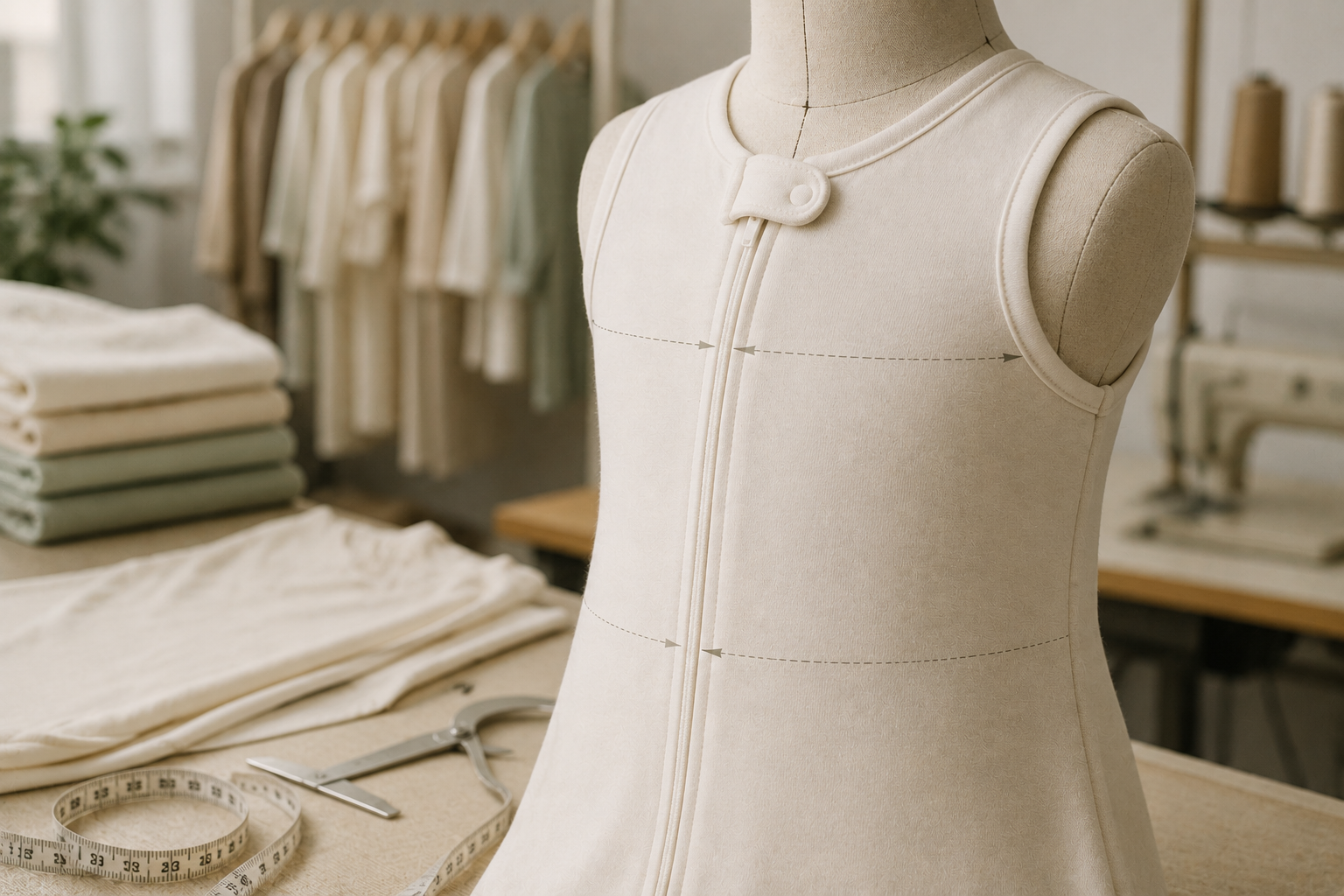 Close-up of a baby sleep sack showing snug-fit construction details and garment measurements in a textile studio setting.